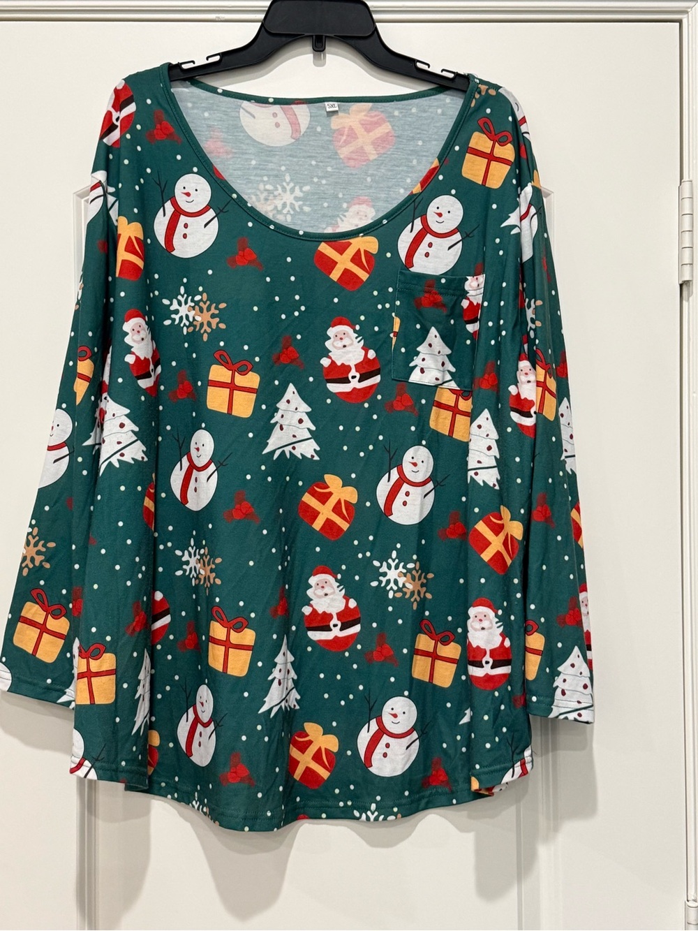 Festive Green Christmas Pocket Tee - Holiday Snowman & Gift Print